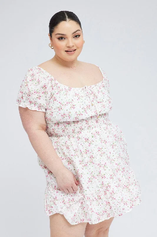 Can't Be Beat White Floral Fit And Flare Dress Short Sleeve