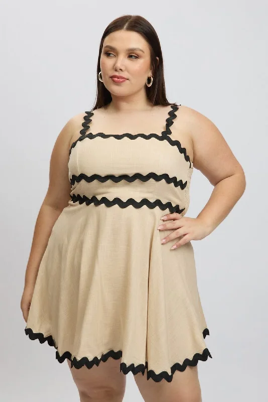 Mega Deal Beige Ric Rac Trim Mini Dress