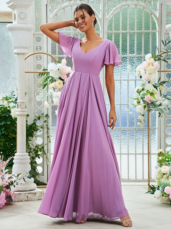 Mega Sale A-Line/Princess Chiffon Ruffles V-neck Short Sleeves Floor-Length Bridesmaid Dresses Mega Sale A-Line/Princess Chiffon Ruffles V-neck Short Sleeves Floor-Length Bridesmaid Dresses