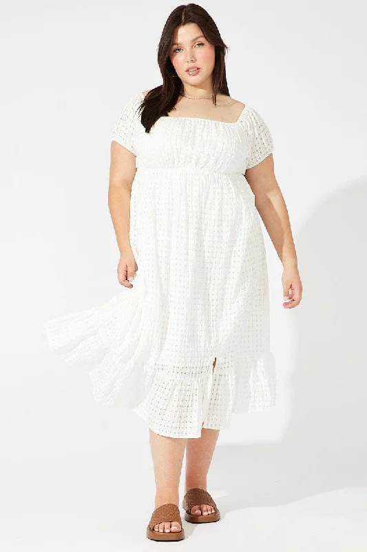 Special Buy White Midi Dress Off Shoulder Check Split Front