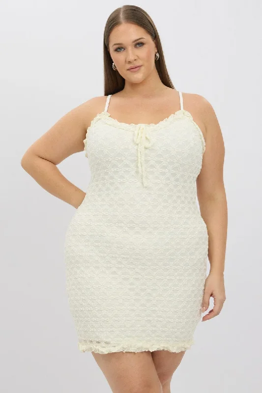 Big Discounts White Frill Bow Trim Stretch Lace Minidress