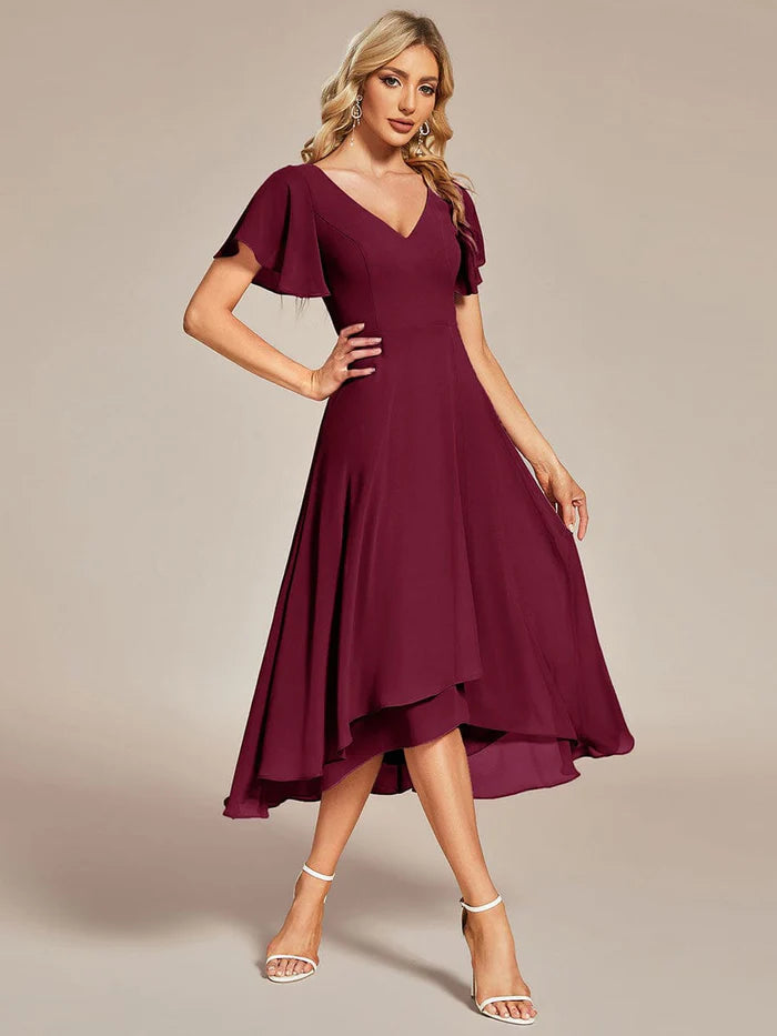 Unmissable Offer High Low Chiffon Wedding Guest Dress with V-Neck and Ruffle Sleeves