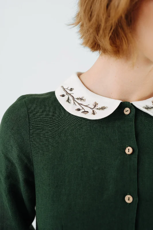 Big Discounts Classic Dress with Embroidered Hazelnut Collar, Long Sleeve