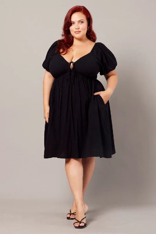 Act Fast Black Puff Sleeve Cotton Minidress