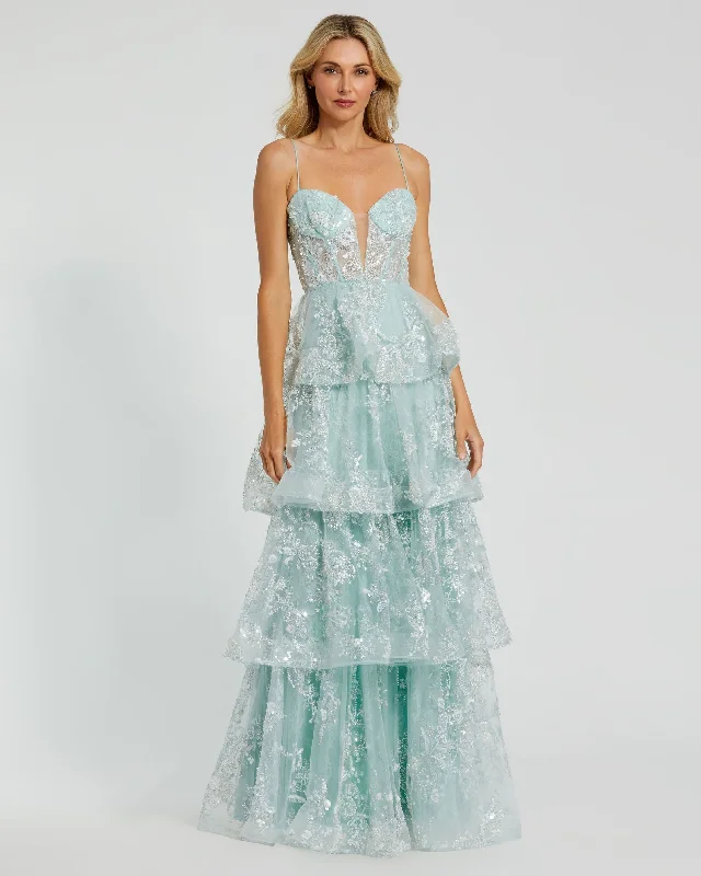 Deal Explosion Spaghetti Strap Applique Tiered Ruffle Gown