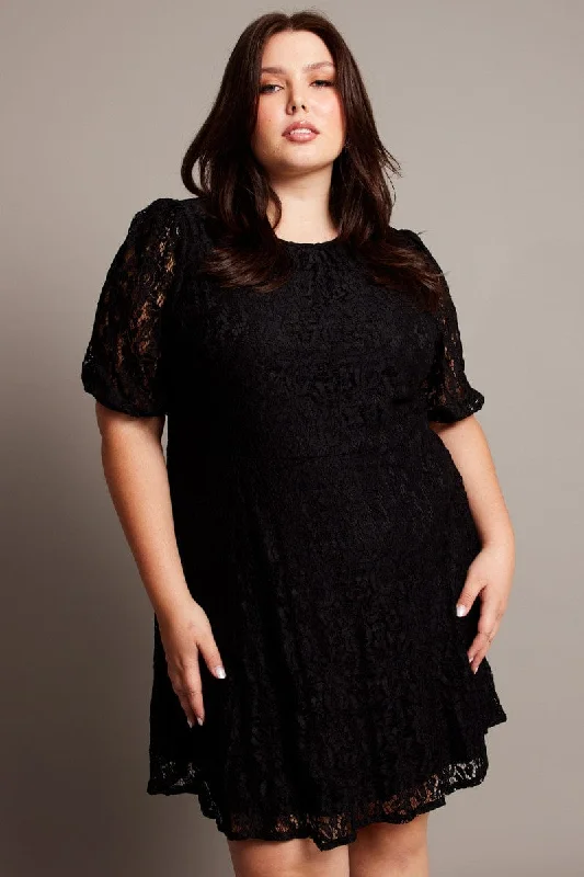 New Markdowns Black Lace Puff Sleeve Mini Dress