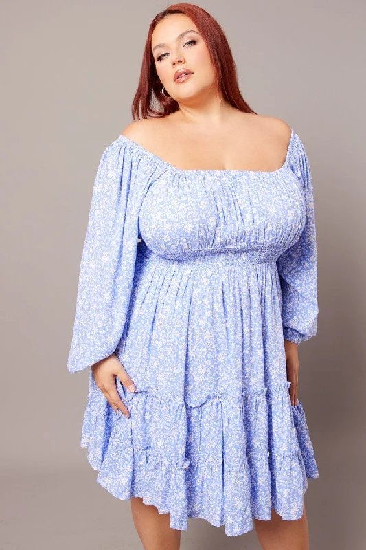 Deal Alert Blue Ditsy Long Sleeve Shirred Waist Minidress