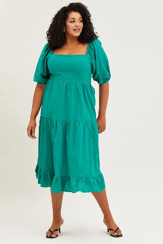 Major Savings Green Maxi Dress Square Neck Short Sleeve Tie
