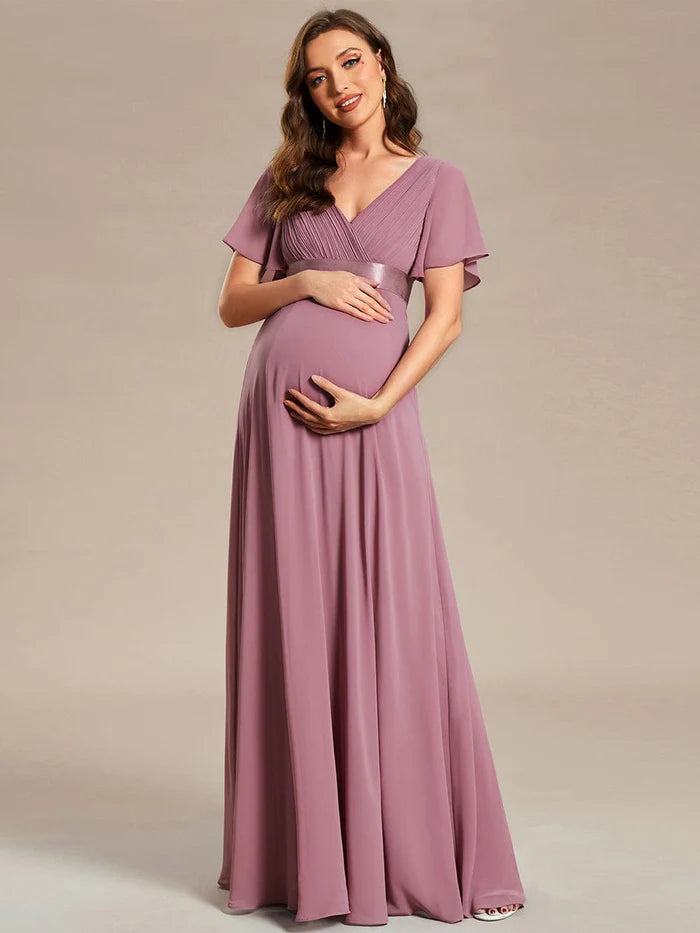 The Best Prices Pleated Bodice Ruffle Sleeves V Neck Floor Length Maternity Dress