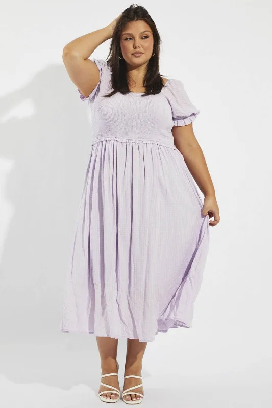 Limited Availability Purple Midi Dress Short Sleeve Shirred
