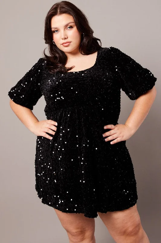 Crazy Deals Black Velour Sequin Party Dress