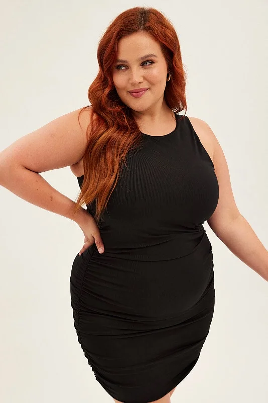 Limited Time Offer Black Mini Dress Sleeveless Rib Jersey Ruched