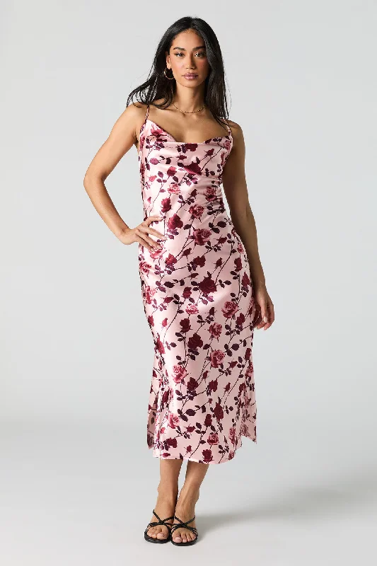 Bonus Savings Satin Floral Cowl Neck Midi Dress