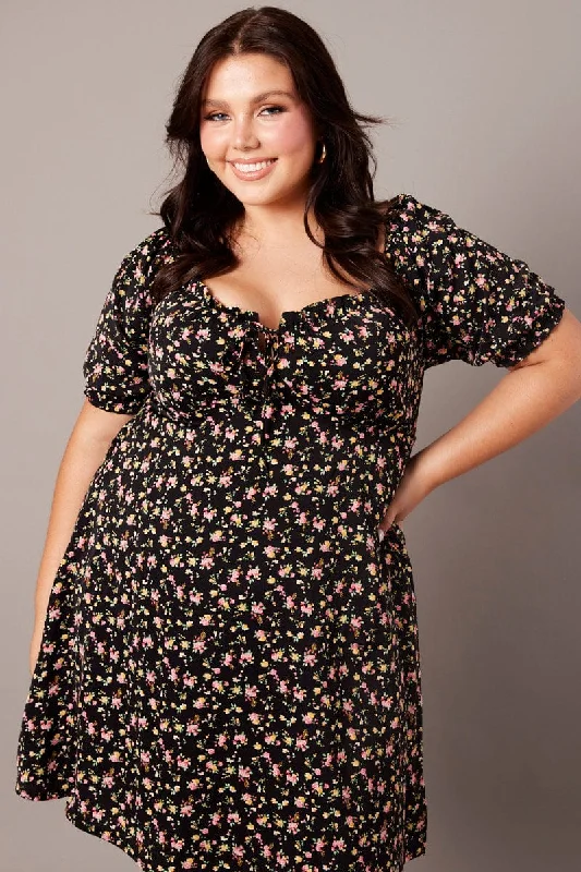 Limited Time Discount Black Ditsy Tie Front Shirred Sleeve Minidress