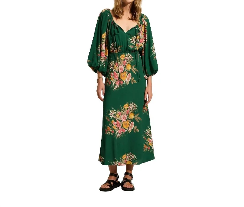 Price Meltdown Zelda Midi Dress In Emerald Green Leonie Print