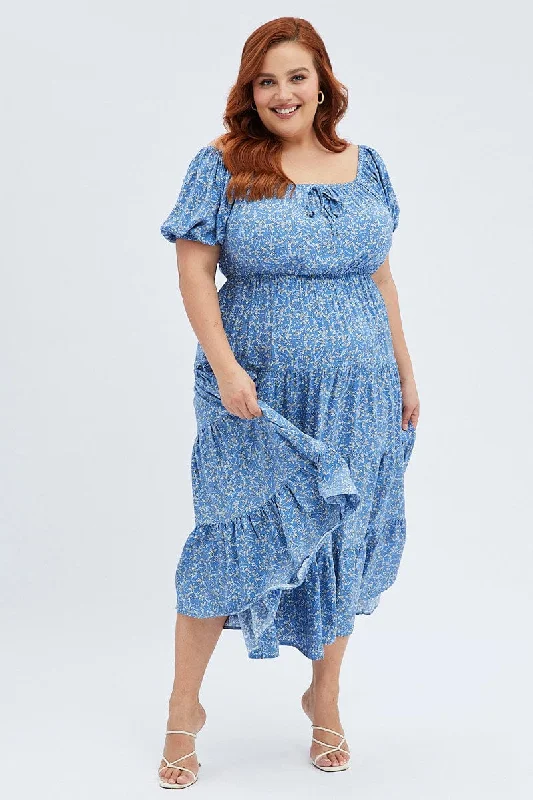 Big Savings Blue Ditsy Midi Dress Off Shoulder Tie Front Layered Skirt
