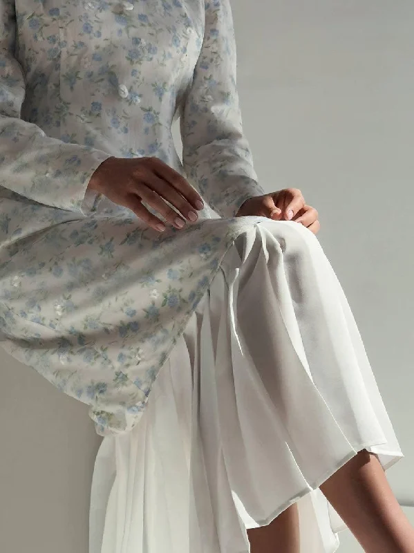 Special Offer Floral Long Sleeve Pleated Dress