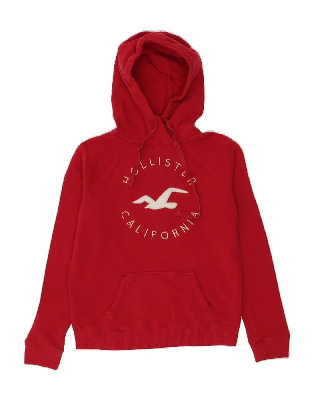 Price Cut HOLLISTER Womens Graphic Hoodie Jumper UK 10 Small Red Cotton