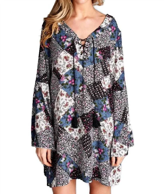 Limited Quantity Floral Patchwork Print Dress In Grey