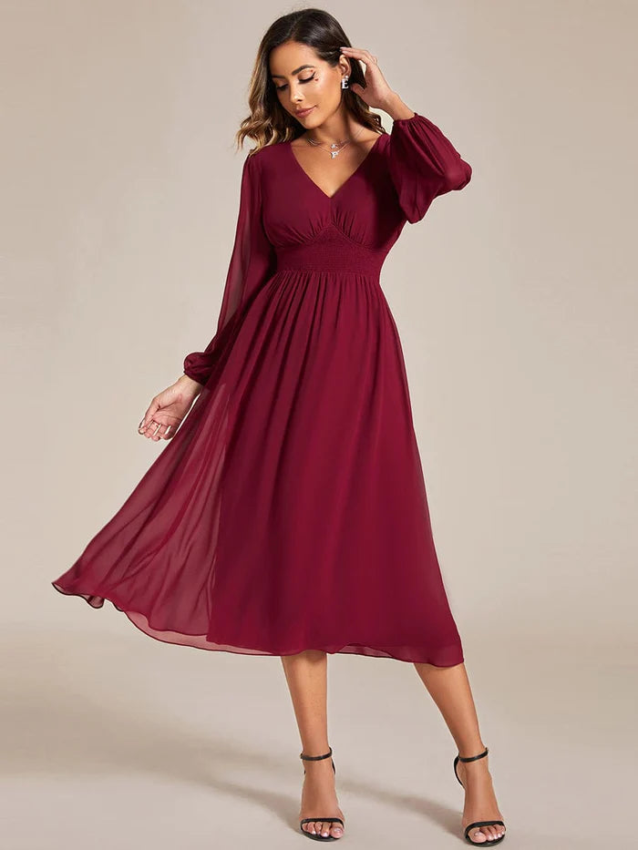 Special Offer Elegant V Neck Long Sleeves Midi Wedding Guest Dress