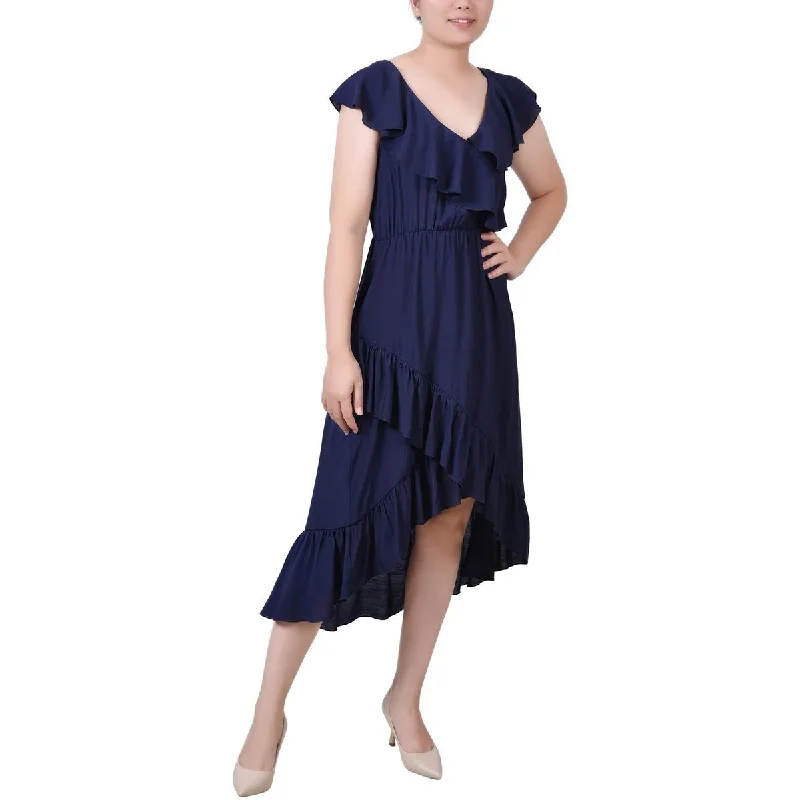 Price Rollback Petites Womens Ruffled Hi-Low Midi Dress