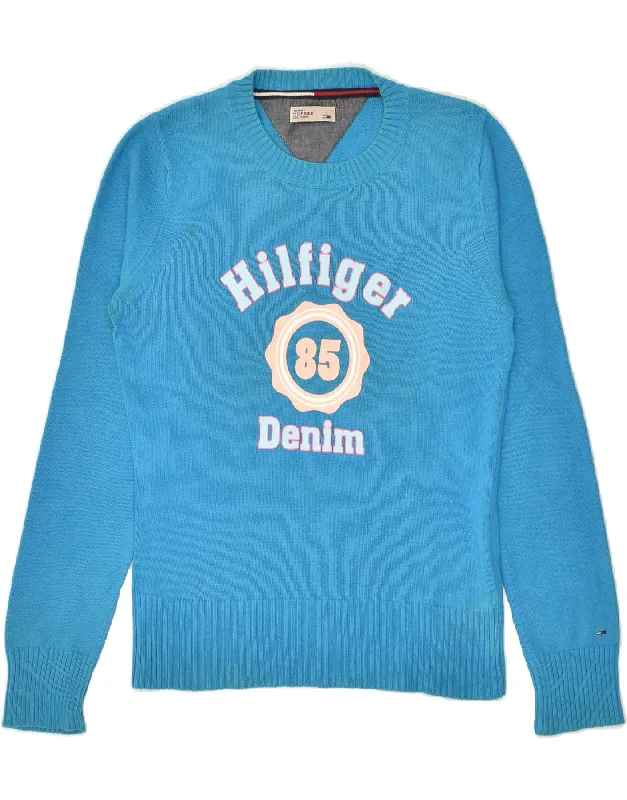 Savings Alert TOMMY HILFIGER Womens Graphic Boat Neck Jumper Sweater UK 10 Small Blue