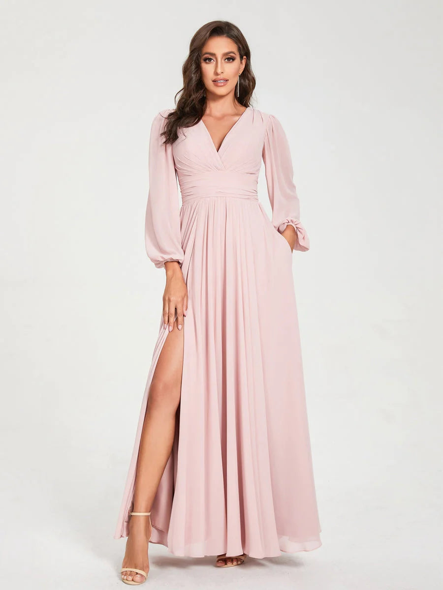 Clearance Event A-Line/Princess Chiffon V-Neck Long Sleeves Split Side Floor-Length With Pockets Bridesmaid Dresses
