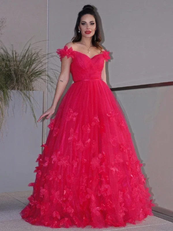 Weekend Flash Sale A-Line/Princess Tulle Hand-Made Flower Off-the-Shoulder Sleeveless Floor-Length Dresses Weekend Flash Sale A-Line/Princess Tulle Hand-Made Flower Off-the-Shoulder Sleeveless Floor-Length Dresses