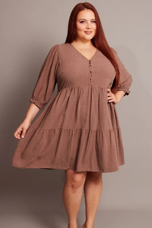 Closeout Sale Brown V-neck Button Through Linen Blend Minidress