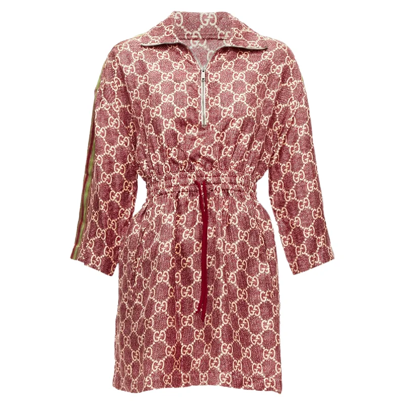 Shop and Save Gucci silk GG Supreme monogram print web trim mini dress
