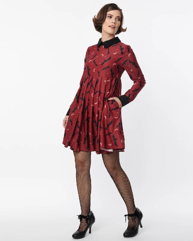 Fantastic Offers Unique Vintage Burgundy & Black Bats Baby Doll Dress | Red