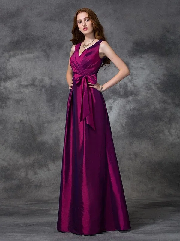 Savings Alert A-line/Princess V-neck Sash/Ribbon/Belt Sleeveless Long Taffeta Bridesmaid Dresses Savings Alert A-line/Princess V-neck Sash/Ribbon/Belt Sleeveless Long Taffeta Bridesmaid Dresses