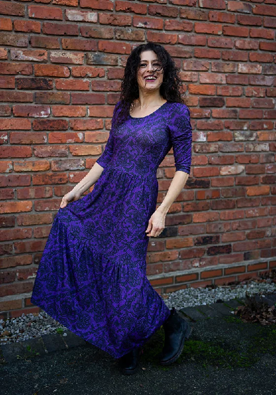 Limited Stock Poema Purple Lace Print Tiered Hem Midaxi Dress