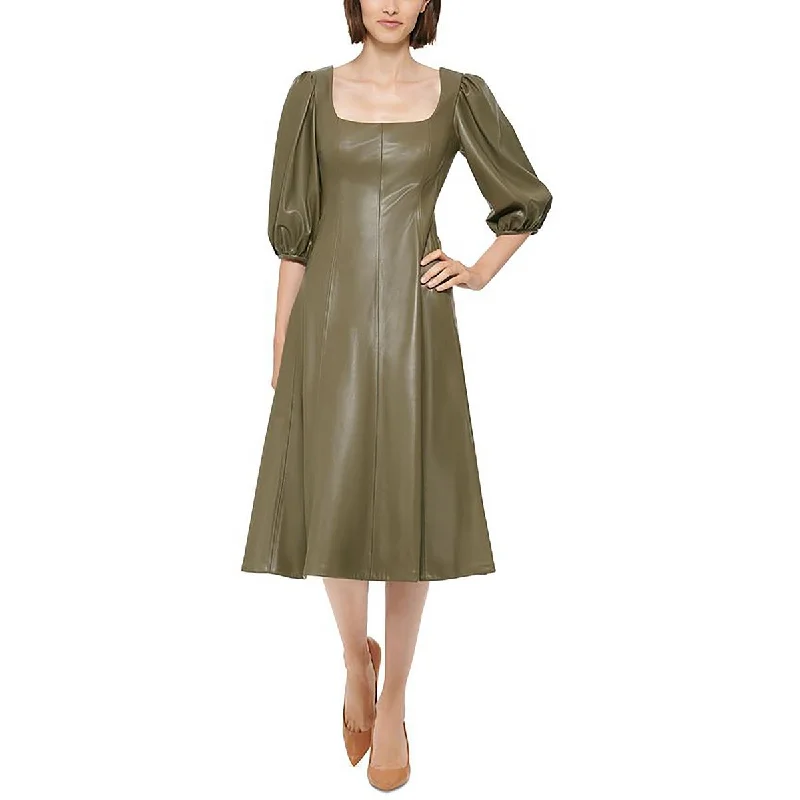 Discount Deals Womens Faux Leather Square Neck Midi Dress