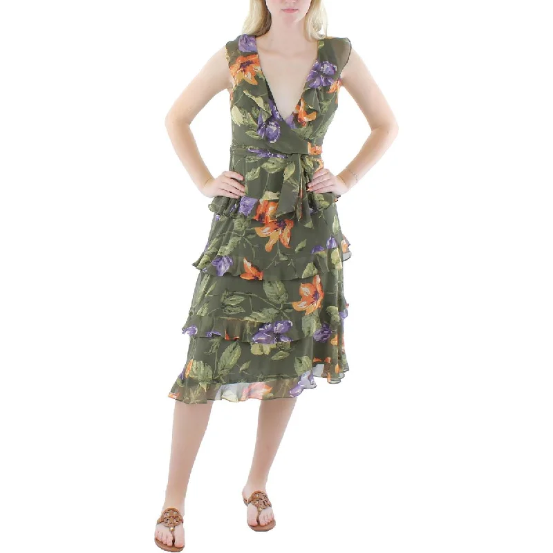 Discount Days Womens Floral Print Knee-Length Wrap Dress