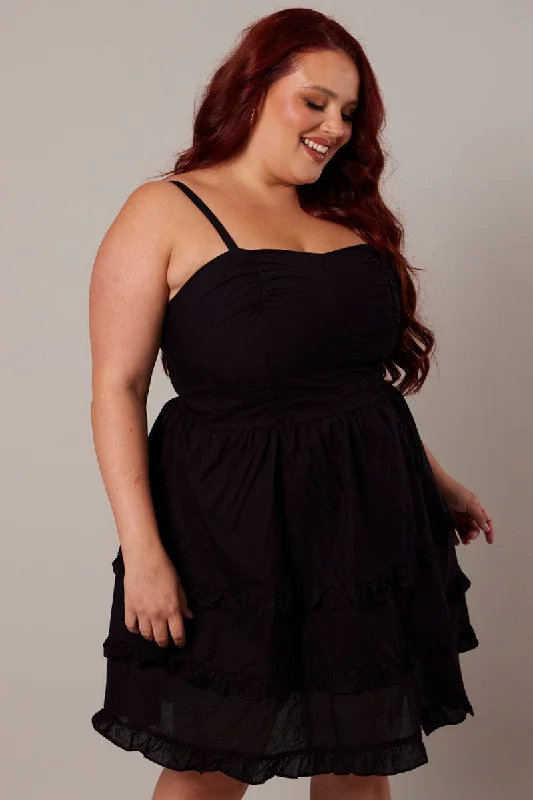 Markdowns Black Frill Hem Strappy Mini Dress