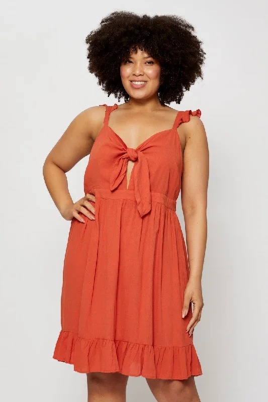 Grand Opening Sale Brown Skater Dress V-neck Sleeveless Tie Front