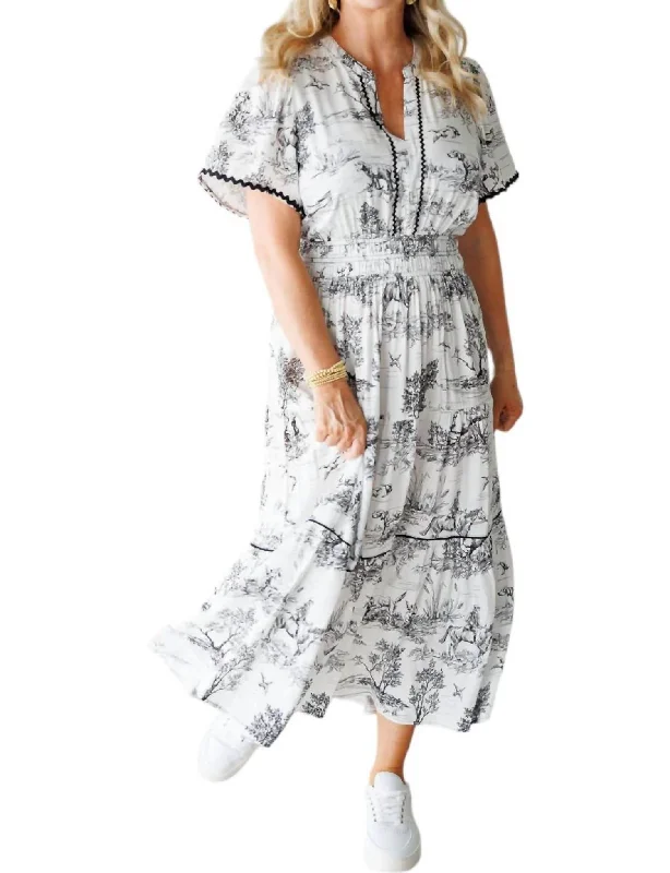Crazy Savings Toile Tiered Maxi Dress In Black/white