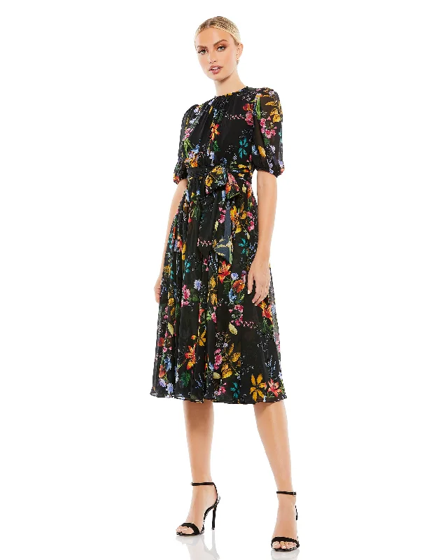 Now or Never Floral Pattern High Neck Belted Midi Dress