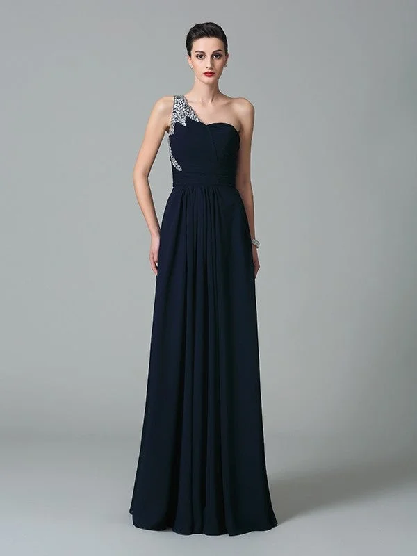 Best Deals A-Line/Princess One-Shoulder Rhinestone Sleeveless Long Chiffon Dresses