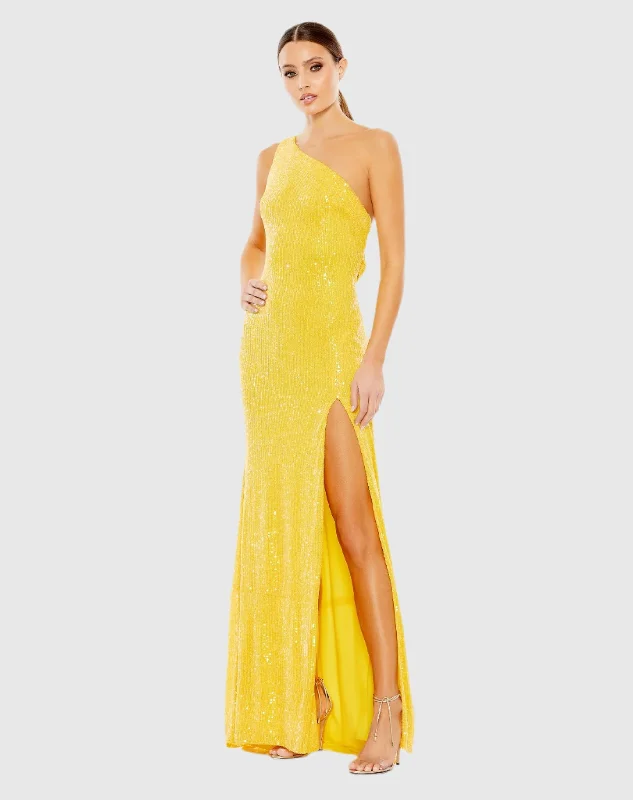 Final Clearance Yellow Sequined One Shoulder Draped Back Gown