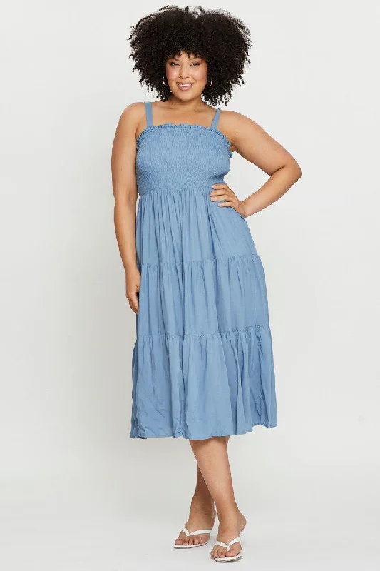 Loyalty Reward Blue Midi Dress Square Neck Sleeveless