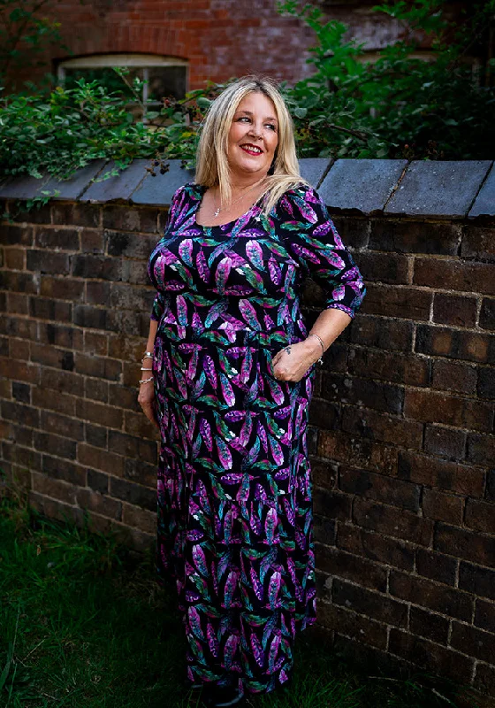 Deal Frenzy Elida Feather Print Tiered Hem Cotton Midaxi Dress