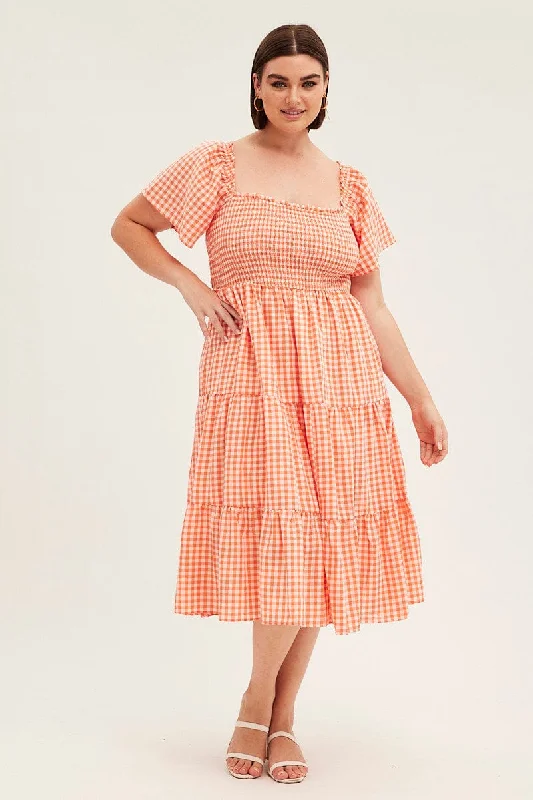 Take Advantage Check Midi Dress Off Shoulder Short Sleeve