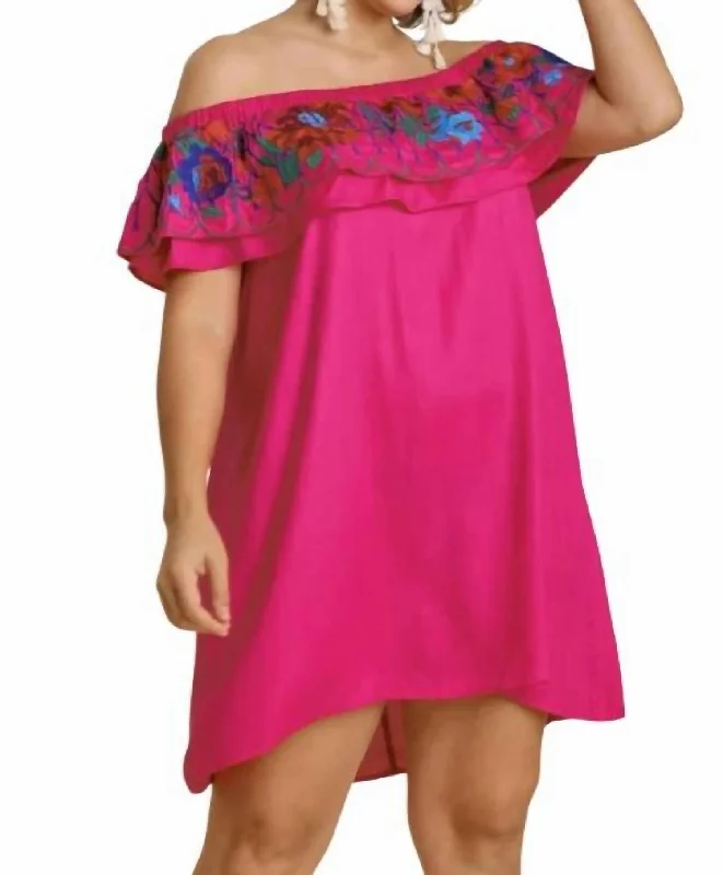 Epic Deals Floral Embroidered Ruffled Dress In Fuchsia