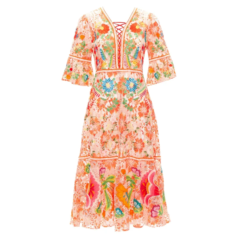 Online Exclusive Vivienne Tam floral cotton lace laced up midi dress