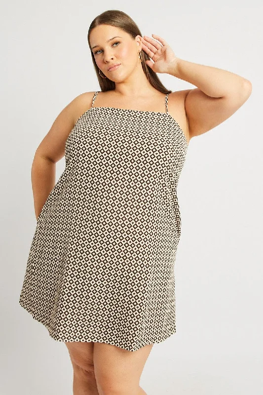 Time-Limited Offer Brown Geo Shoestring Strap Minidress