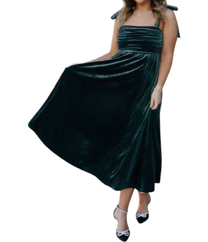 Factory Direct Sale Velvet Tie Strap Midi Dress In Green