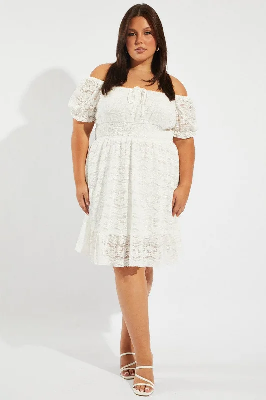 YEAR-End Sale White Fit And Flare Dress Short Sleeve Lace