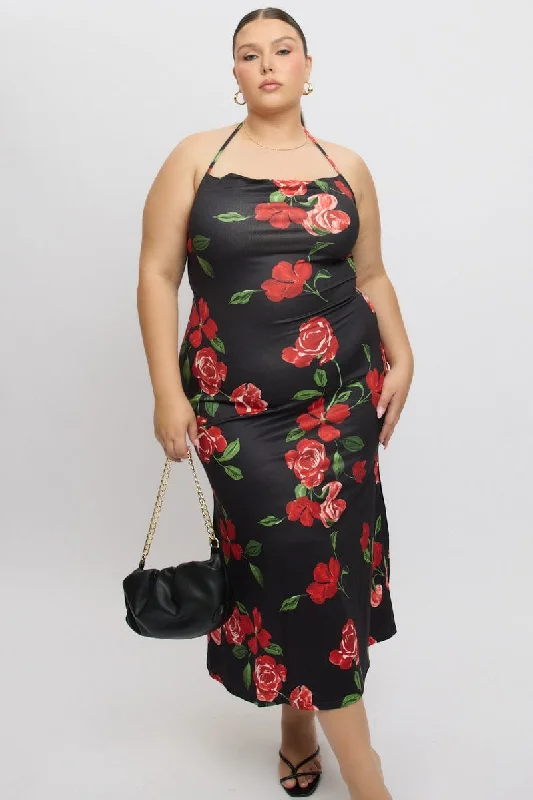 Deal Alert Black Floral Jersey Halter Bodycon Maxidress